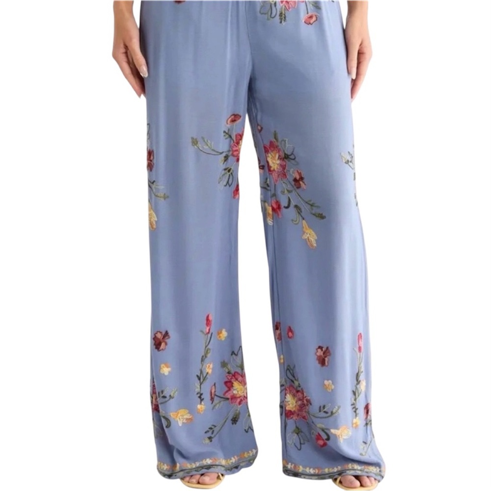 Liv Los Angeles Embroidered Wide Leg Pants Flowy Boho Comfy Casual Blue Size 1X